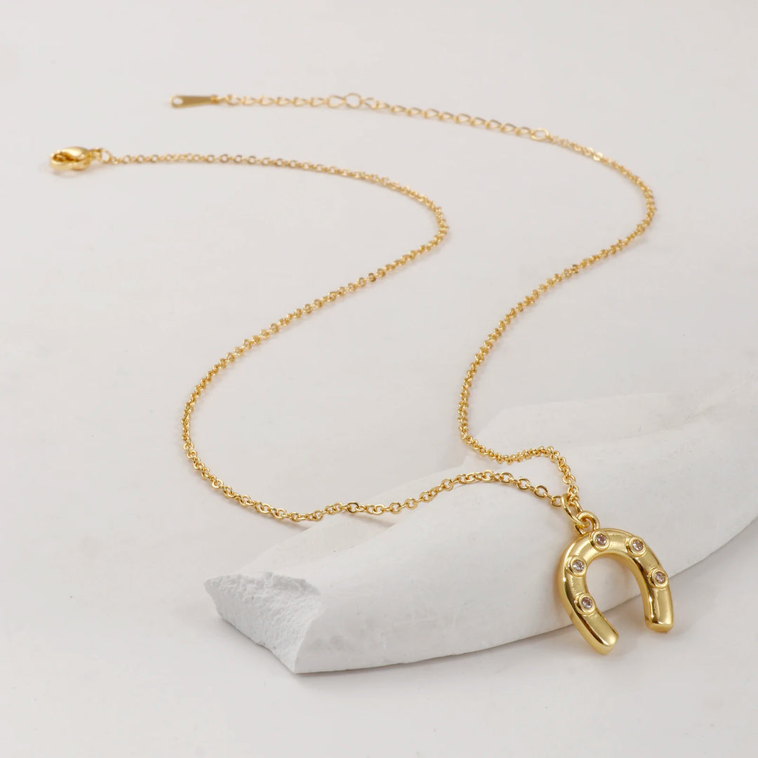 1 Piece Stylish West Cowboy 18K Real Gold Plated Brass Link Cable Chain Luck Horseshoe Pendant Charm Necklace For Women Gift 3