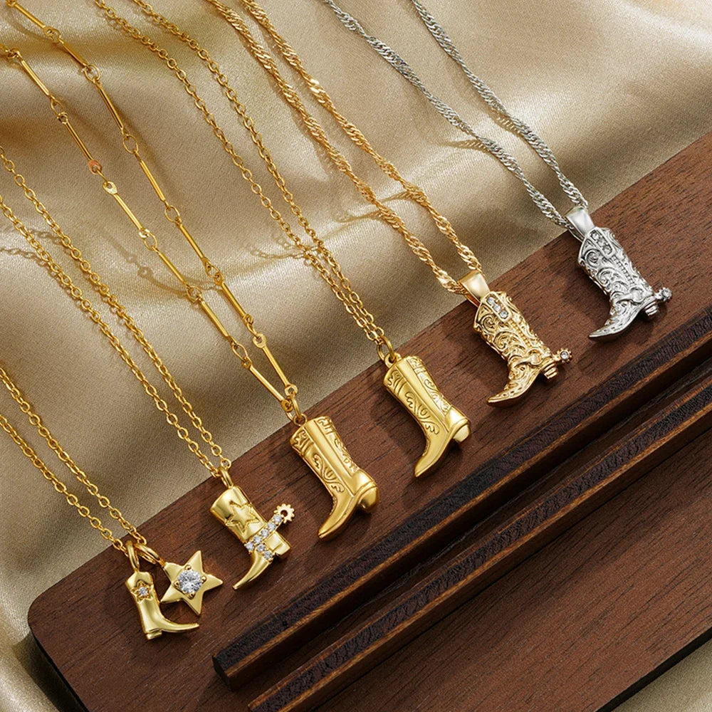 316 Stainless Steel Waterproof Denim Boots Pendant Necklace Cool Cowgirl Cowboy Boot Hat 18K Gold Plated Collar Necklaces Gifts 0