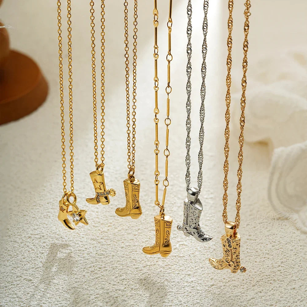 316 Stainless Steel Waterproof Denim Boots Pendant Necklace Cool Cowgirl Cowboy Boot Hat 18K Gold Plated Collar Necklaces Gifts 4