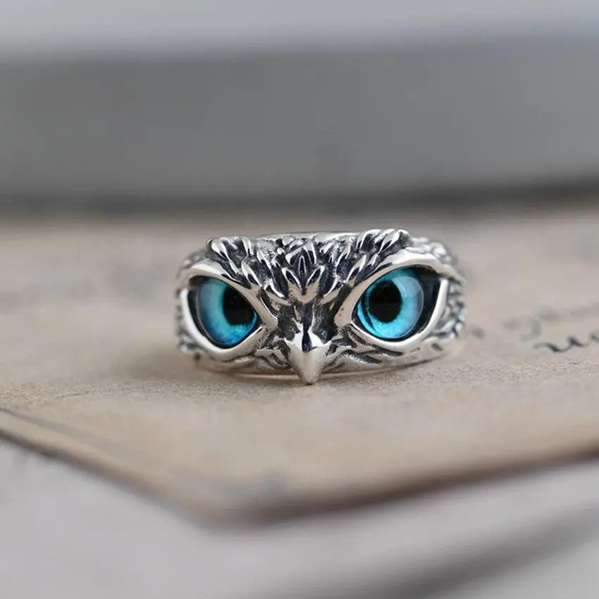Adjustable Silver Owl Ring with Opal 0