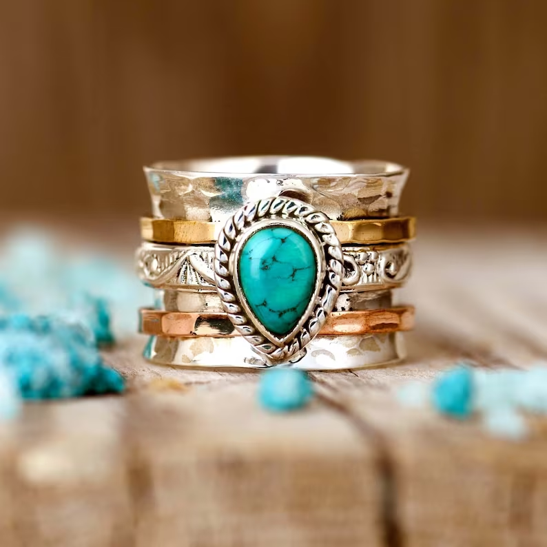 Antique Turquoise Inlaid Gold Silver Ring 0