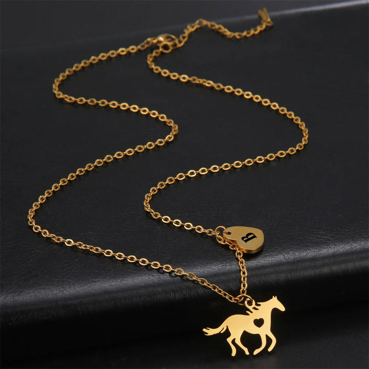 Cazador Animal Horse Initial Necklace for Women Girls Teens Stainless Steel A-Z Letter Heart Choker Necklaces Jewelry Birthday 4