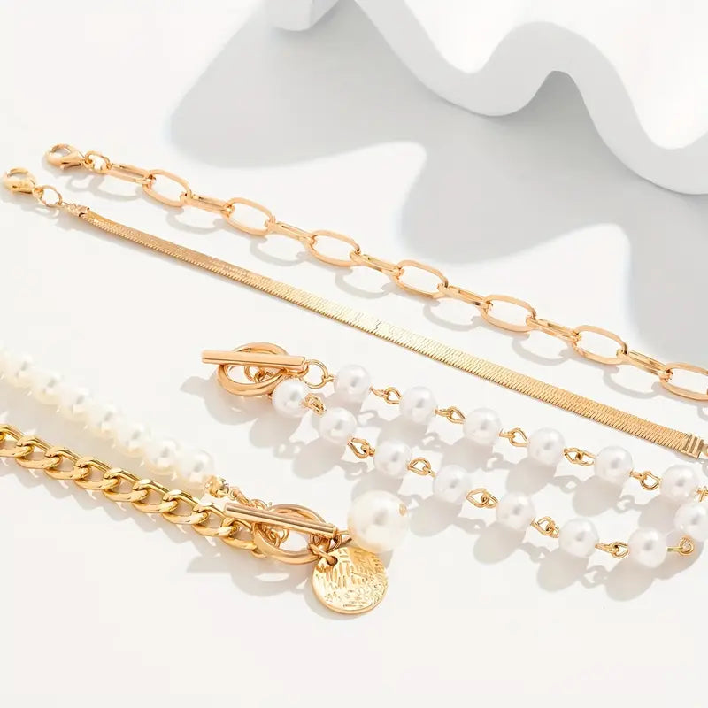 Chic Gold 4-Piece Bracelet Set – Snake, Pearls & Links | Gold 1