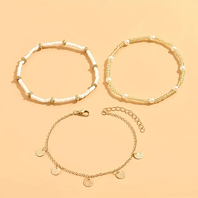 Coastal Charm 3-Piece Layered Anklet Set | Gold 3