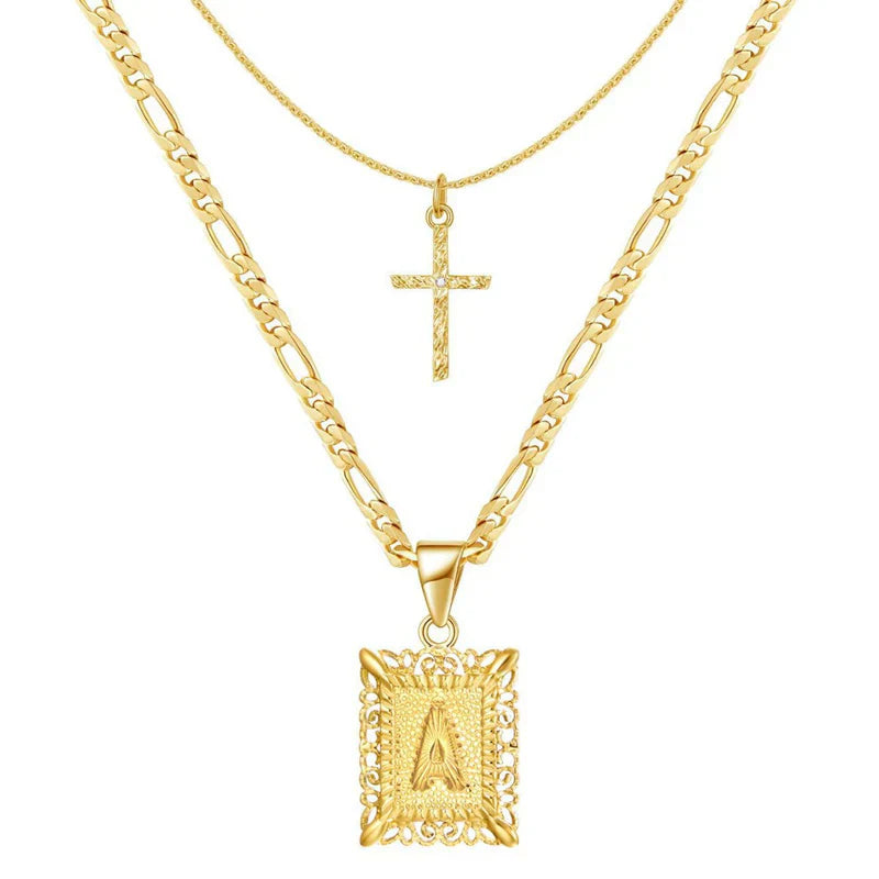 Cross Initial Necklace Set | Gold 0