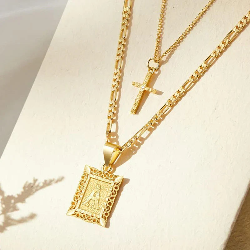 Cross Initial Necklace Set | Gold 1