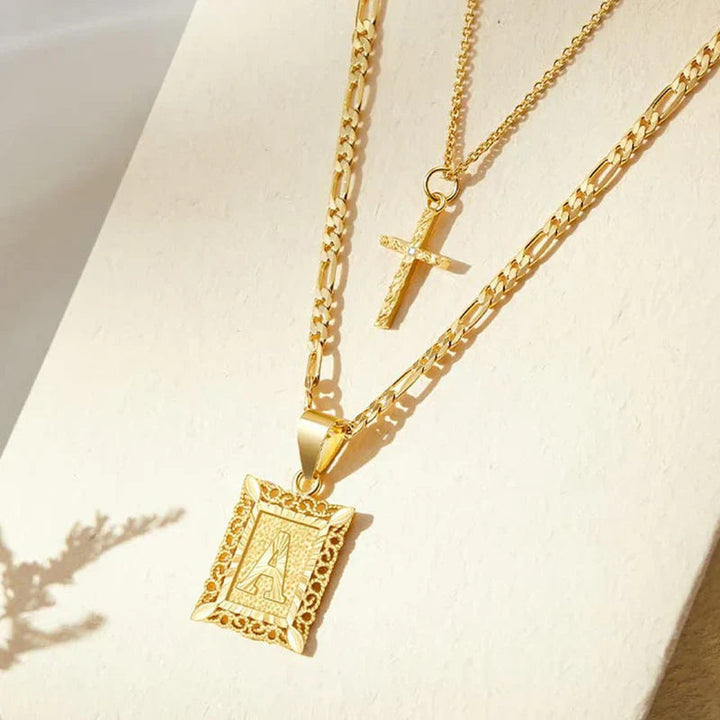 Cross Initial Necklace Set | Gold 1