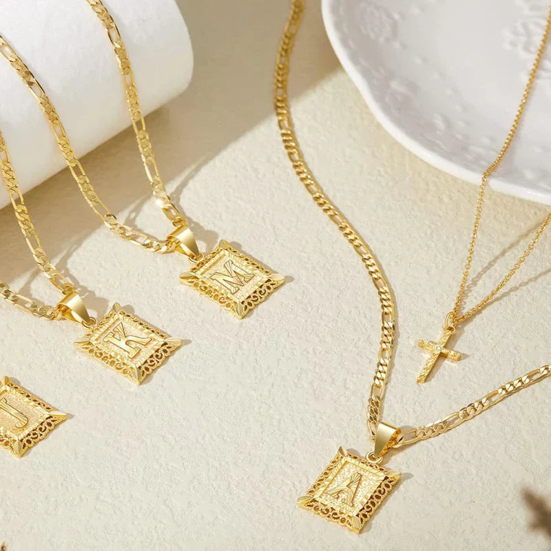Cross Initial Necklace Set | Gold 2