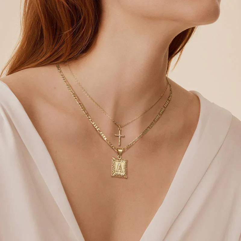 Cross Initial Necklace Set | Gold 4