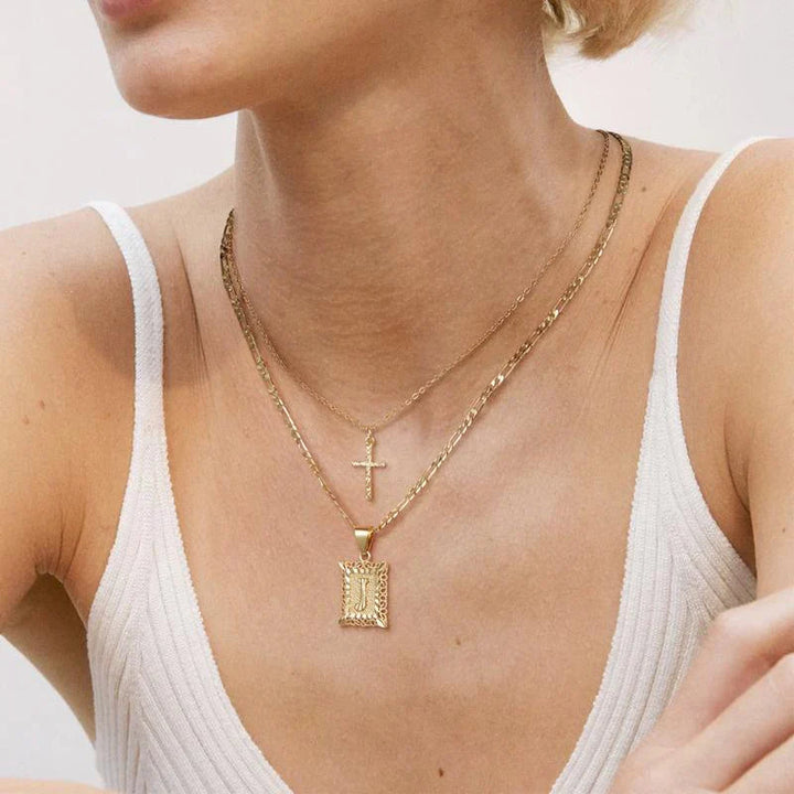 Cross Initial Necklace Set | Gold 6