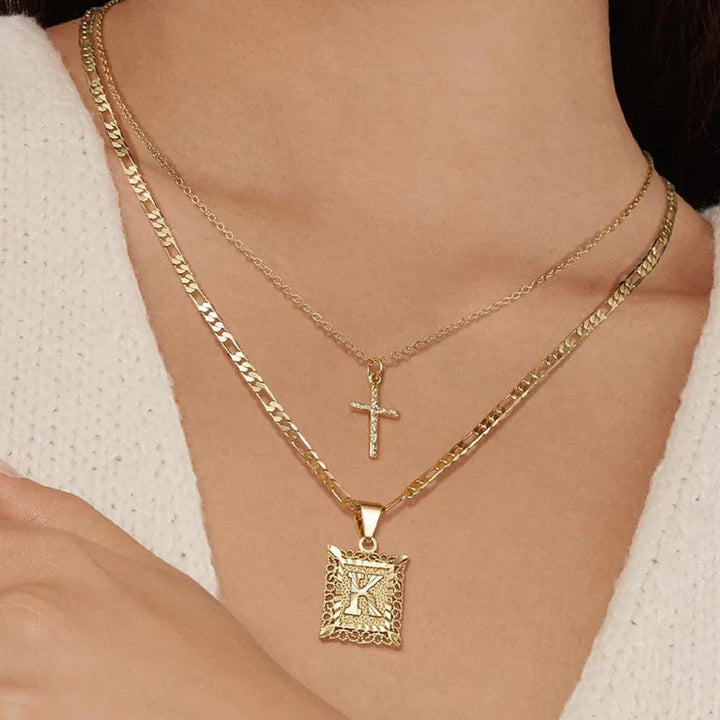 Cross Initial Necklace Set | Gold 7