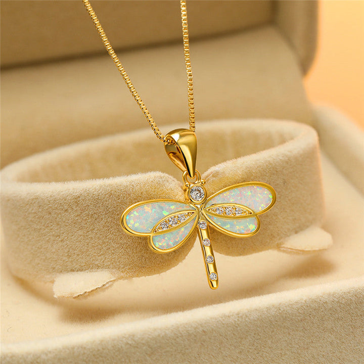 Dragonfly Necklace in Gold with Opal 2