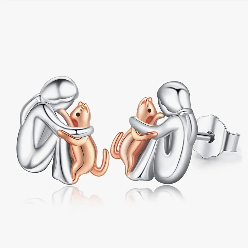Fashion Two Tone Little Girl and Dog Earrings For Women Dog Mom Earrings Animal Puppy Jewelry 11