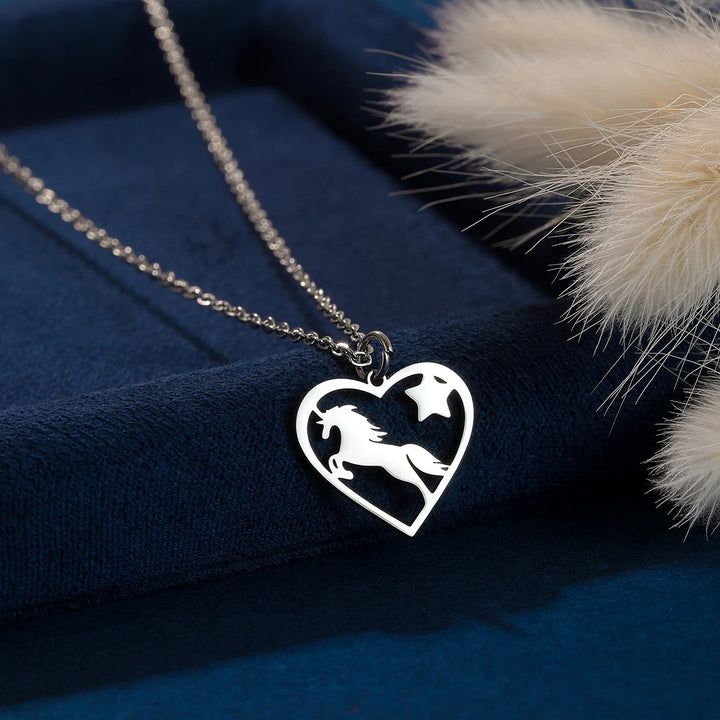 Kinitial Running Horse Pendant Necklaces Women Men Stainless Steel Couple Love Heart Horse Animal Neck Chain Horse Lover Jewelry 0
