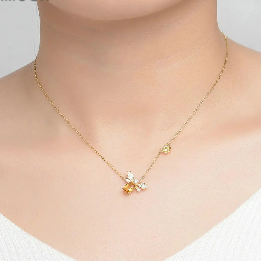 LAMOON Bee 925 Sterling Silver Necklace Natural Citrine Gemstone Necklaces 14K Real Gold Plated Chain Pendant Jewelry LMNI015 1