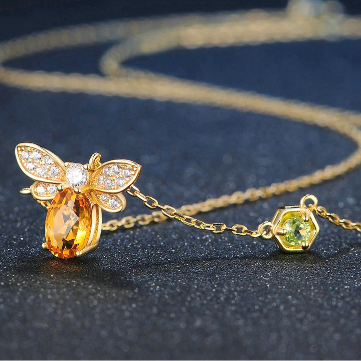 LAMOON Bee 925 Sterling Silver Necklace Natural Citrine Gemstone Necklaces 14K Real Gold Plated Chain Pendant Jewelry LMNI015 2
