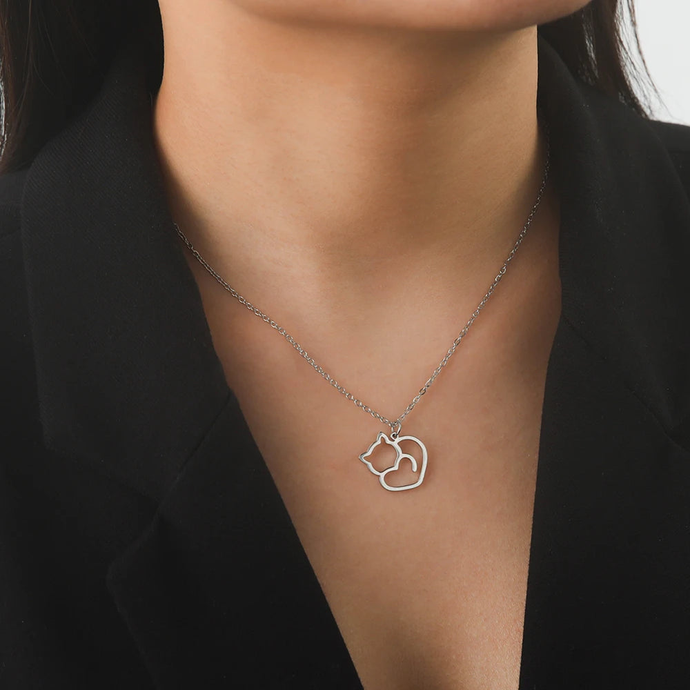 Lucktune Cute Cat Love Pendant Necklace Stainless Steel Animal Chain Necklace for Women Couple 2025 New Trendy Kpop Jewelry Gift 3