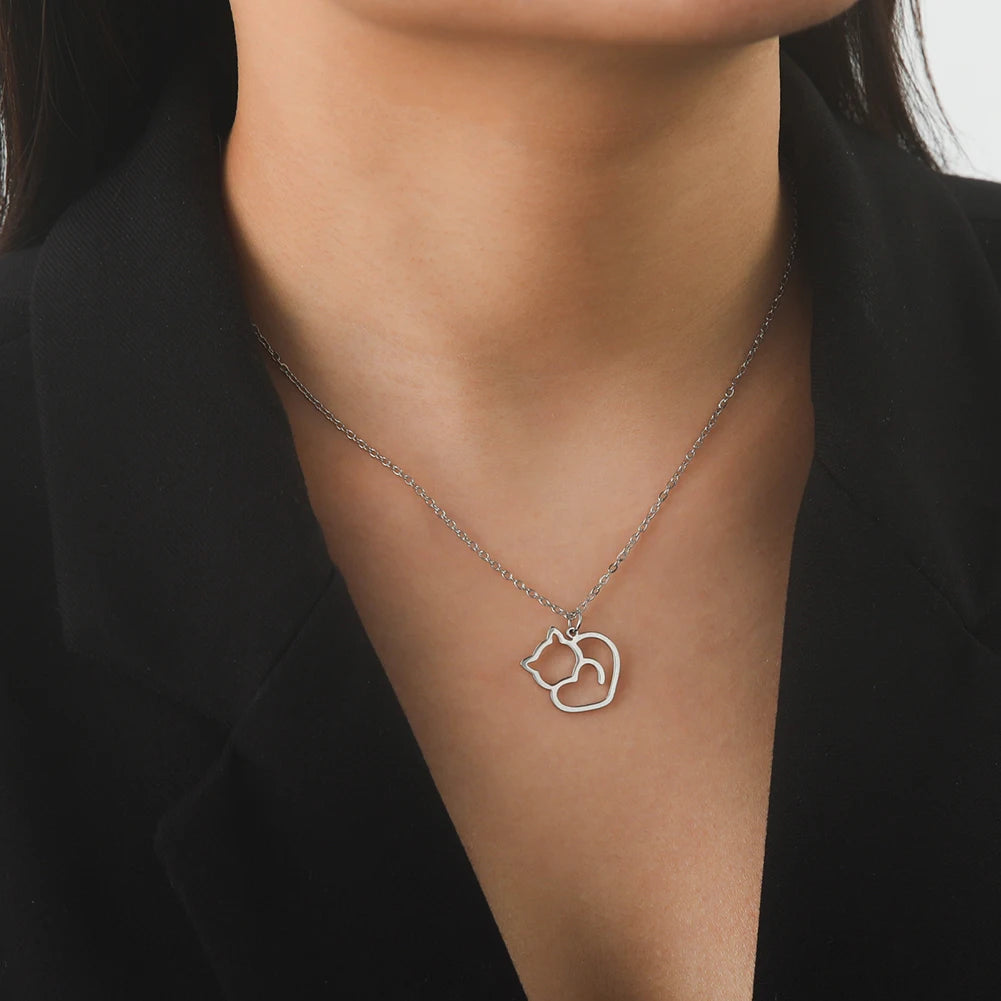 Lucktune Cute Cat Love Pendant Necklace Stainless Steel Animal Chain Necklace for Women Couple 2025 New Trendy Kpop Jewelry Gift 3