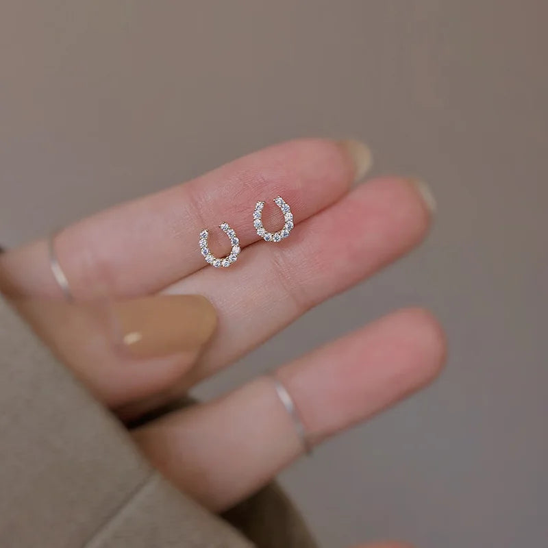 Mini Trendy Shiny Sterling Silver Inlaid Tiny Zircon Horseshoe Stud Earrings for Women Korean U-shaped Jewelry Accessories Gifts 0