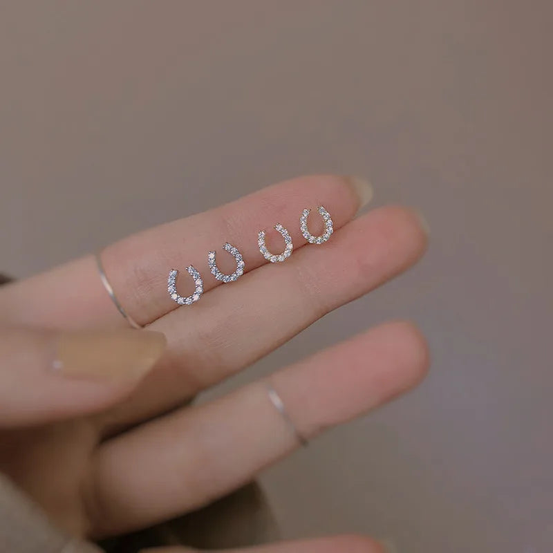 Mini Trendy Shiny Sterling Silver Inlaid Tiny Zircon Horseshoe Stud Earrings for Women Korean U-shaped Jewelry Accessories Gifts 1