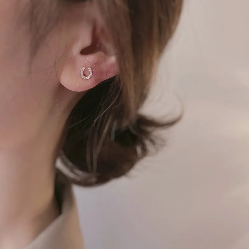 Mini Trendy Shiny Sterling Silver Inlaid Tiny Zircon Horseshoe Stud Earrings for Women Korean U-shaped Jewelry Accessories Gifts 2