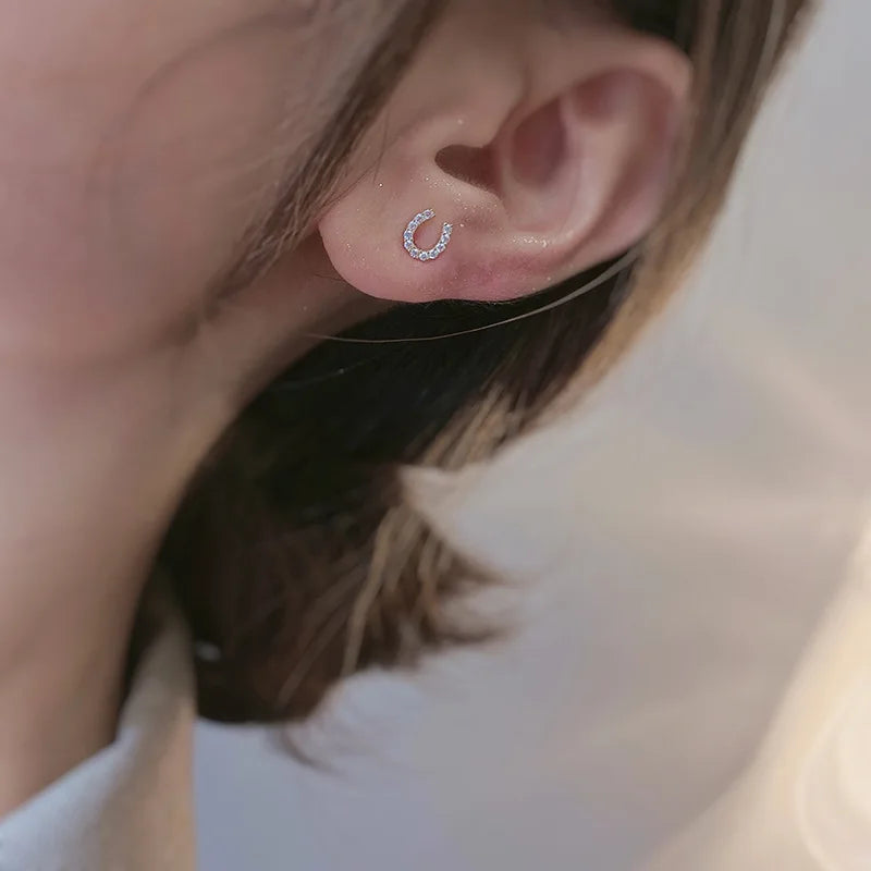 Mini Trendy Shiny Sterling Silver Inlaid Tiny Zircon Horseshoe Stud Earrings for Women Korean U-shaped Jewelry Accessories Gifts 3
