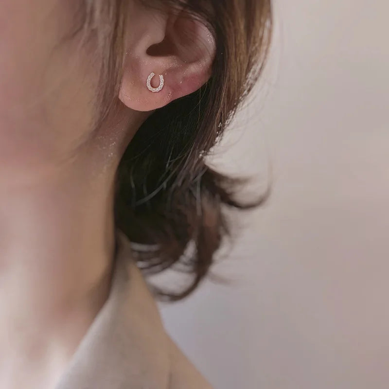Mini Trendy Shiny Sterling Silver Inlaid Tiny Zircon Horseshoe Stud Earrings for Women Korean U-shaped Jewelry Accessories Gifts 4