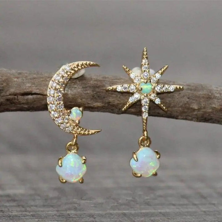 Moon and Star Earrings in Gold and Opal 1