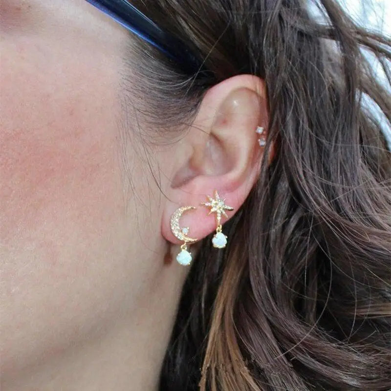 Moon and Star Earrings in Gold and Opal 2