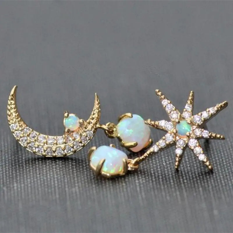 Moon and Star Earrings in Gold and Opal 3