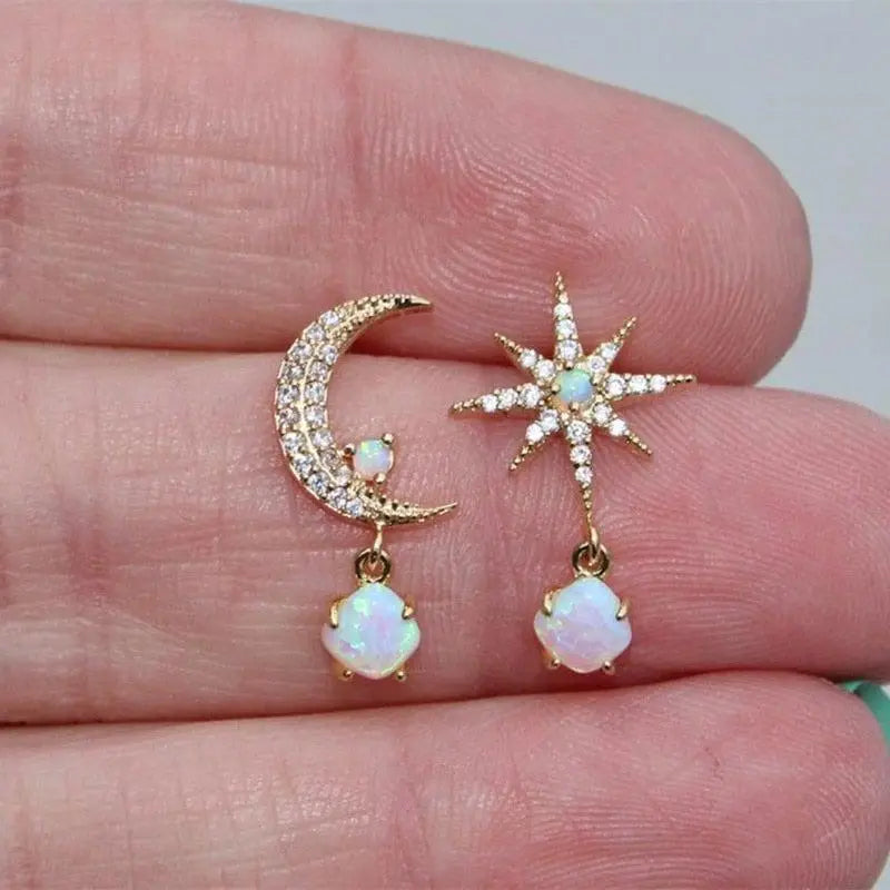 Moon and Star Earrings in Gold and Opal 4