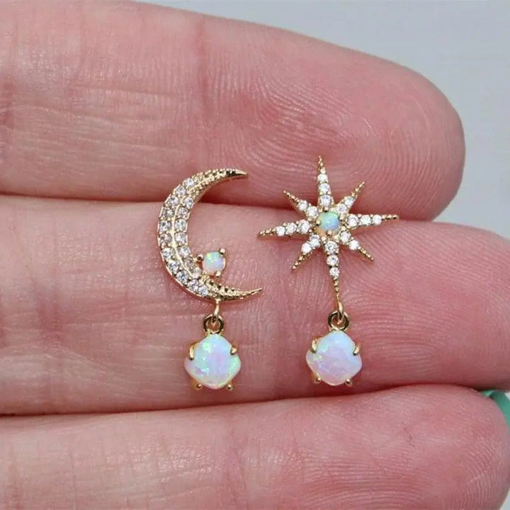 Moon and Star Earrings in Gold and Opal 4