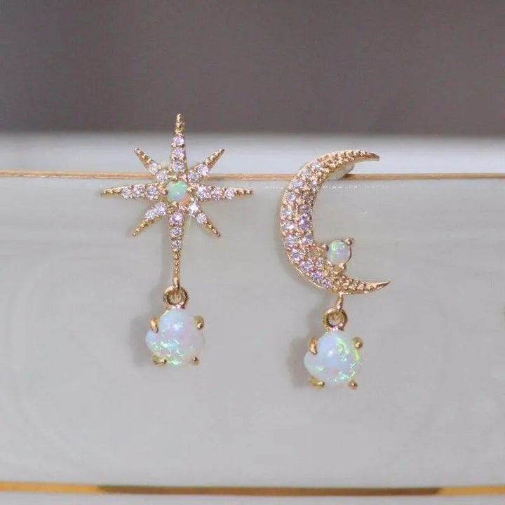 Moon and Star Earrings in Gold and Opal 5