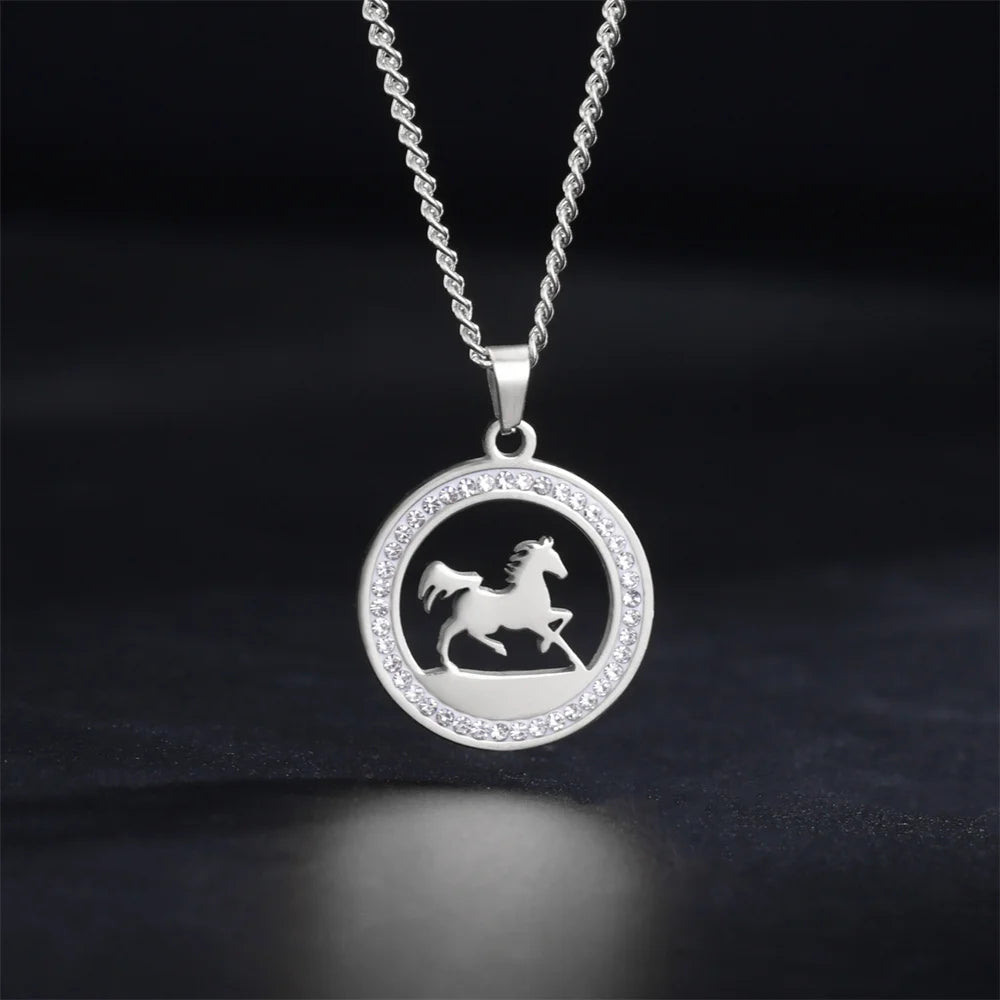 My Shape Running Horse Pendants Necklace Stainless Steel Rhinestone Pendant Necklaces Choker Chain Horse Lover Fashion Jewelry 1