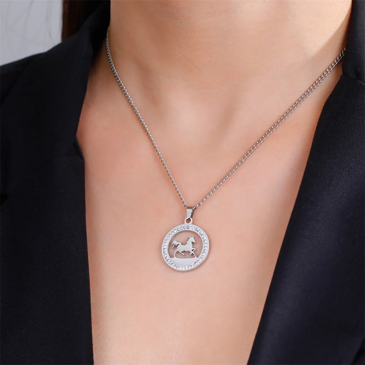 My Shape Running Horse Pendants Necklace Stainless Steel Rhinestone Pendant Necklaces Choker Chain Horse Lover Fashion Jewelry 2