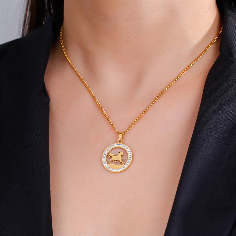 My Shape Running Horse Pendants Necklace Stainless Steel Rhinestone Pendant Necklaces Choker Chain Horse Lover Fashion Jewelry 3