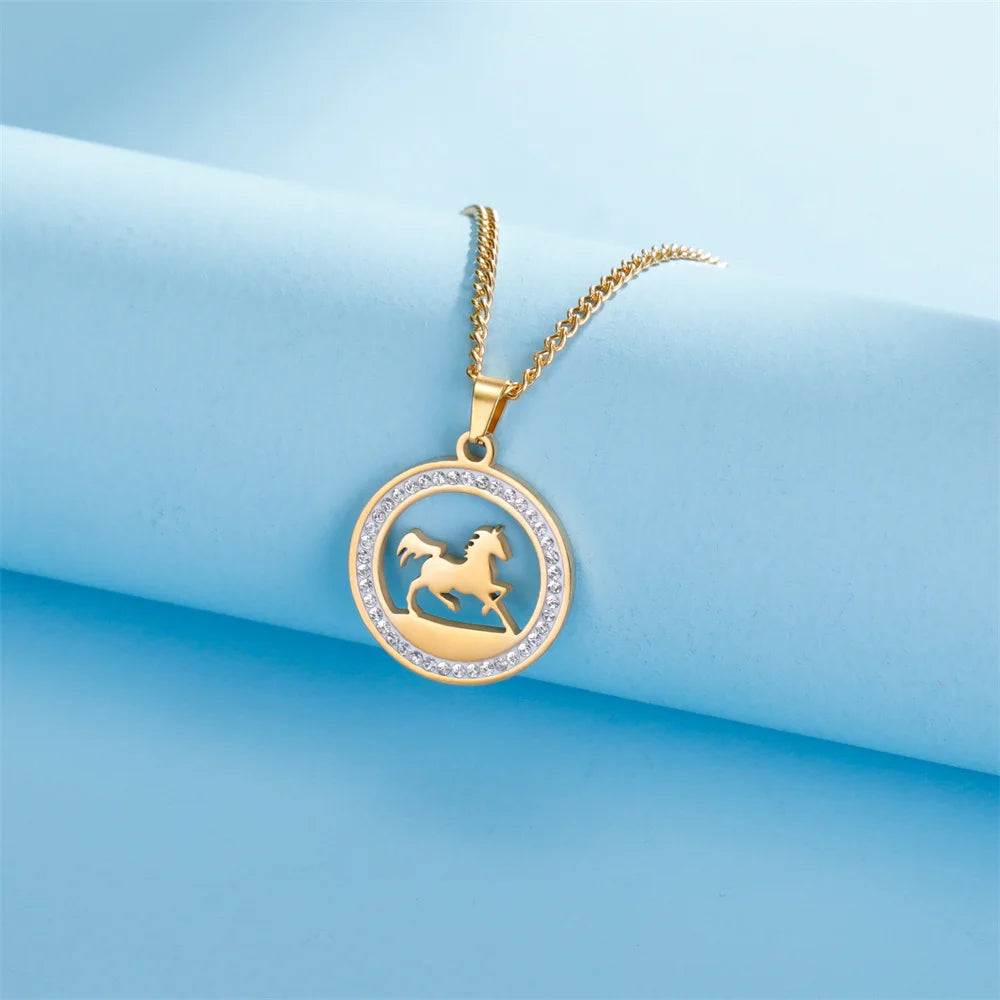 My Shape Running Horse Pendants Necklace Stainless Steel Rhinestone Pendant Necklaces Choker Chain Horse Lover Fashion Jewelry 4