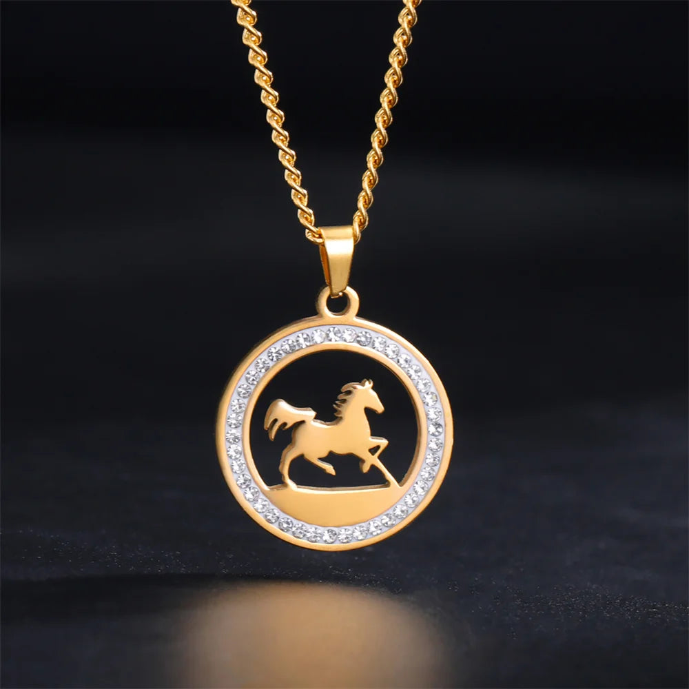 My Shape Running Horse Pendants Necklace Stainless Steel Rhinestone Pendant Necklaces Choker Chain Horse Lover Fashion Jewelry 6