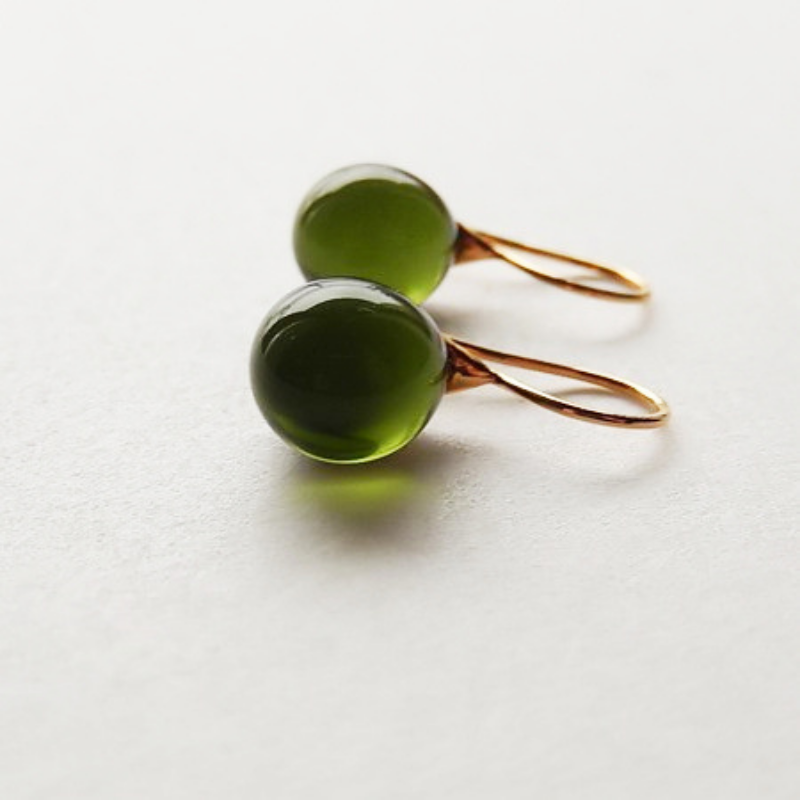 Round Glass Drop Earrings Olive Green 1