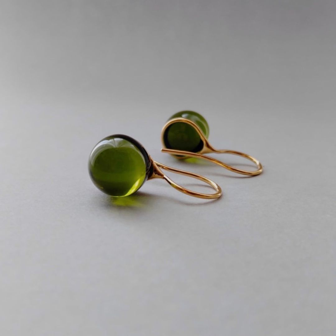 Round Glass Drop Earrings Olive Green 2