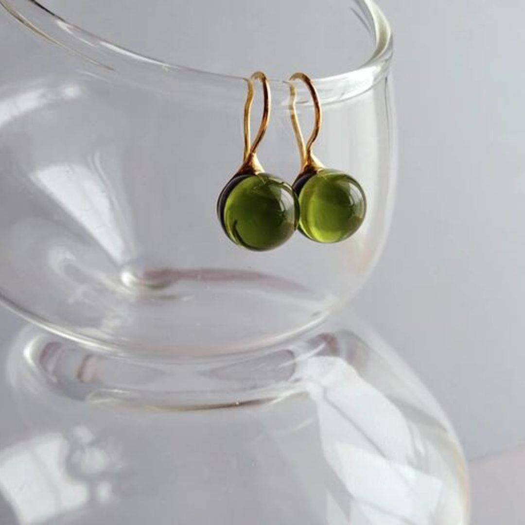 Round Glass Drop Earrings Olive Green 3