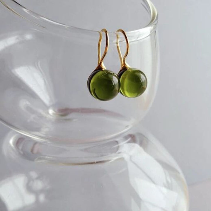 Round Glass Drop Earrings Olive Green 3