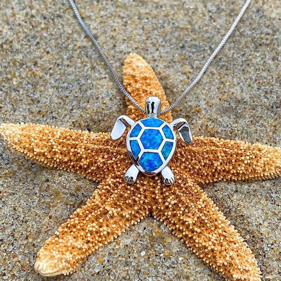 Sea Turtle Necklace + Earrings Set in Opal and Silver 1