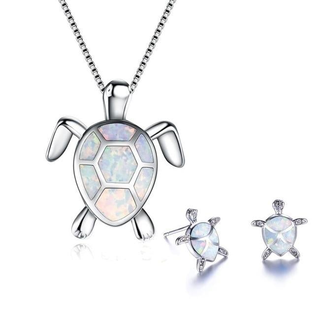 Sea Turtle Necklace + Earrings Set in Opal and Silver 3