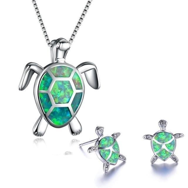Sea Turtle Necklace + Earrings Set in Opal and Silver 5