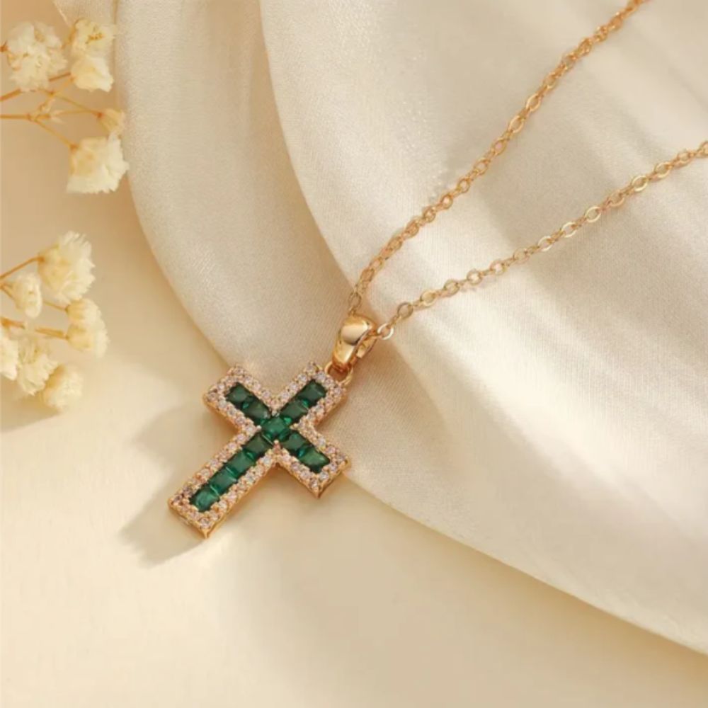 Solene Emerald Cross Pendant Gold Necklace 0