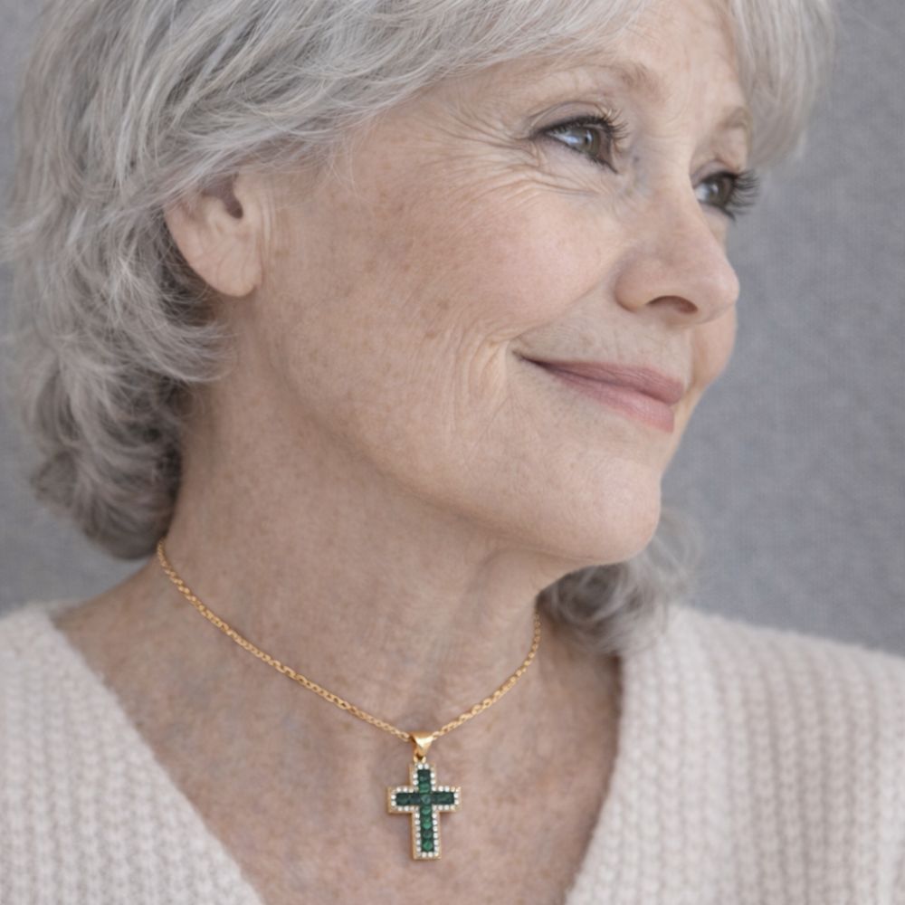 Solene Emerald Cross Pendant Gold Necklace 1