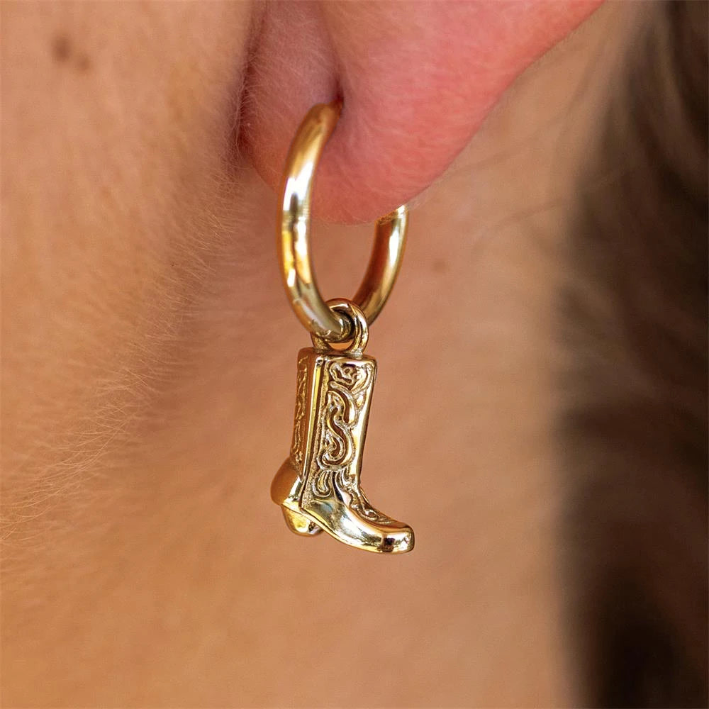Stainless Steel Cowboy Boot Pendant Shoe Shape Dangle Earrings for Women Gold Plated Geometric Cool Cowgirl Ear Hoops Jewelry 0