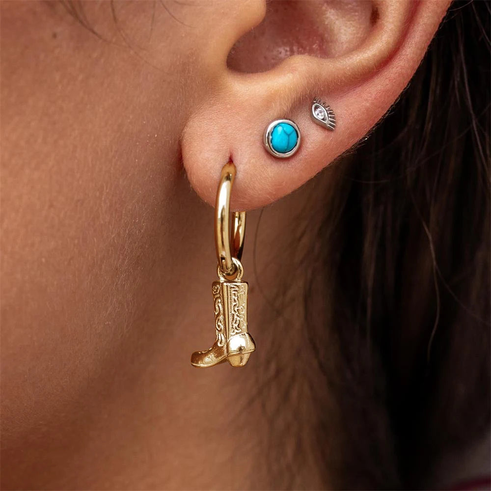 Stainless Steel Cowboy Boot Pendant Shoe Shape Dangle Earrings for Women Gold Plated Geometric Cool Cowgirl Ear Hoops Jewelry 1