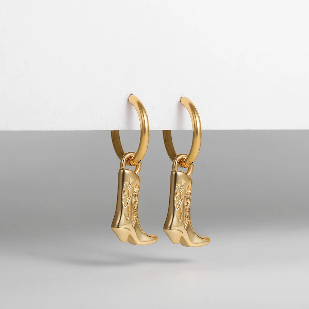 Stainless Steel Cowboy Boot Pendant Shoe Shape Dangle Earrings for Women Gold Plated Geometric Cool Cowgirl Ear Hoops Jewelry 3